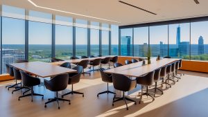 The interior of a modern empty office building with tables and chairs. Floor-to-ceiling windows.